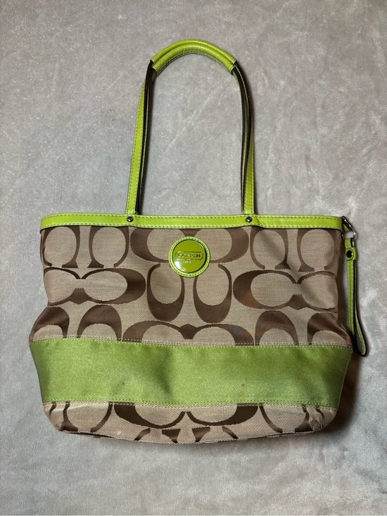 Coach Handbags - Coach Signature Stripe Brown and Green Tote Shoulder Bag